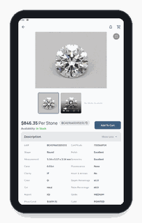 The OMI Tablet showing a certified diamond's detail page with price, availability, and full grading report